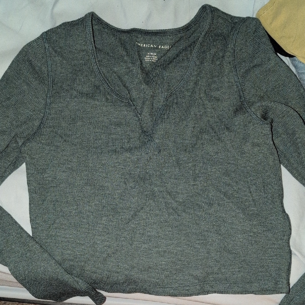 American Eagle Outfitters Gray Fitted Long Sleeve Tee